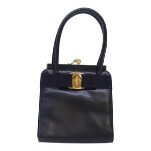 Salvatore Ferragamo Vala Hand Bag Leather Navy Gold Auth 93311